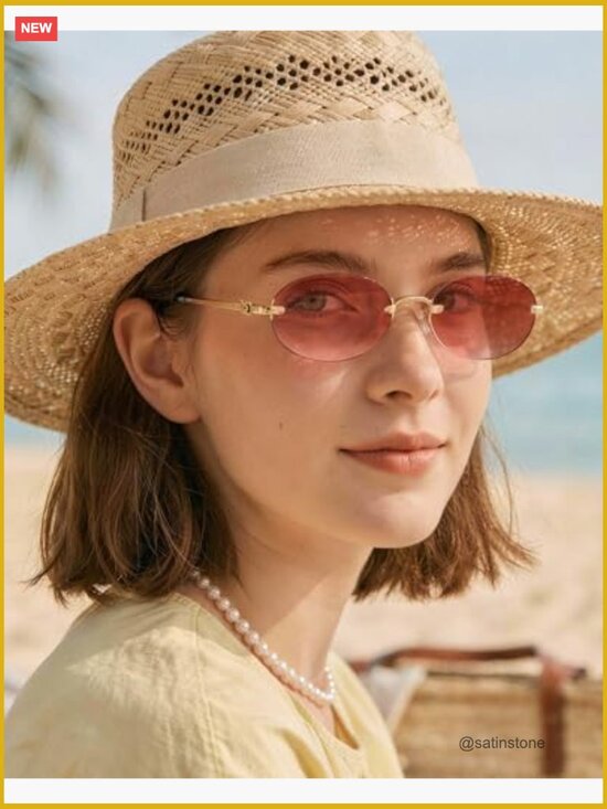 Rimless Oval Sunglasses with Metal Frame & Acetate Arms - UV400 Protection main image 4